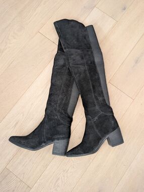 Black Suede Women's Knee-High Block Heel Boots